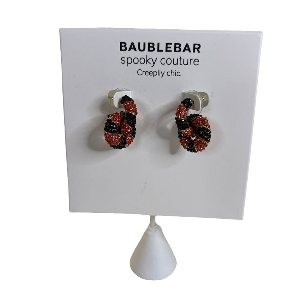BaubleBar Spooky Couture Black and Orange Pave Crystal Snake Earrings